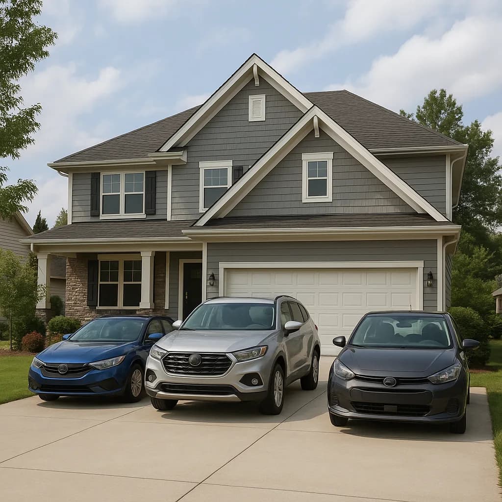 Gray two-story suburban house with three cars parked in driveway