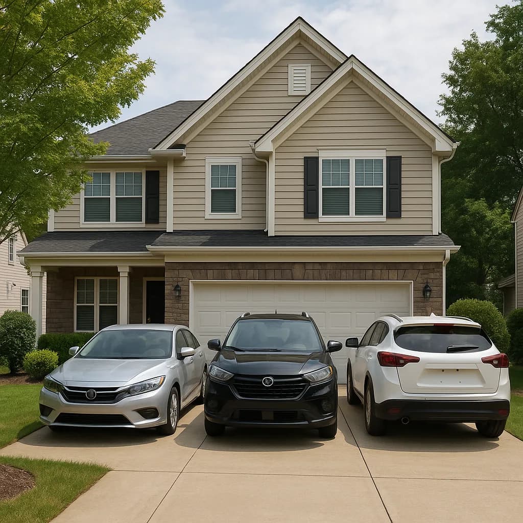 Two-story beige house with three cars parked in driveway - silver sedan, black SUV, and white crossover