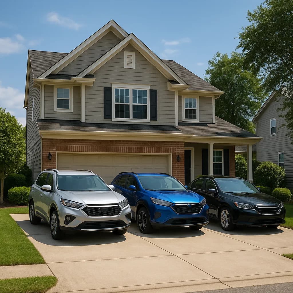 Three SUVs parked in driveway of gray two-story suburban house with garage