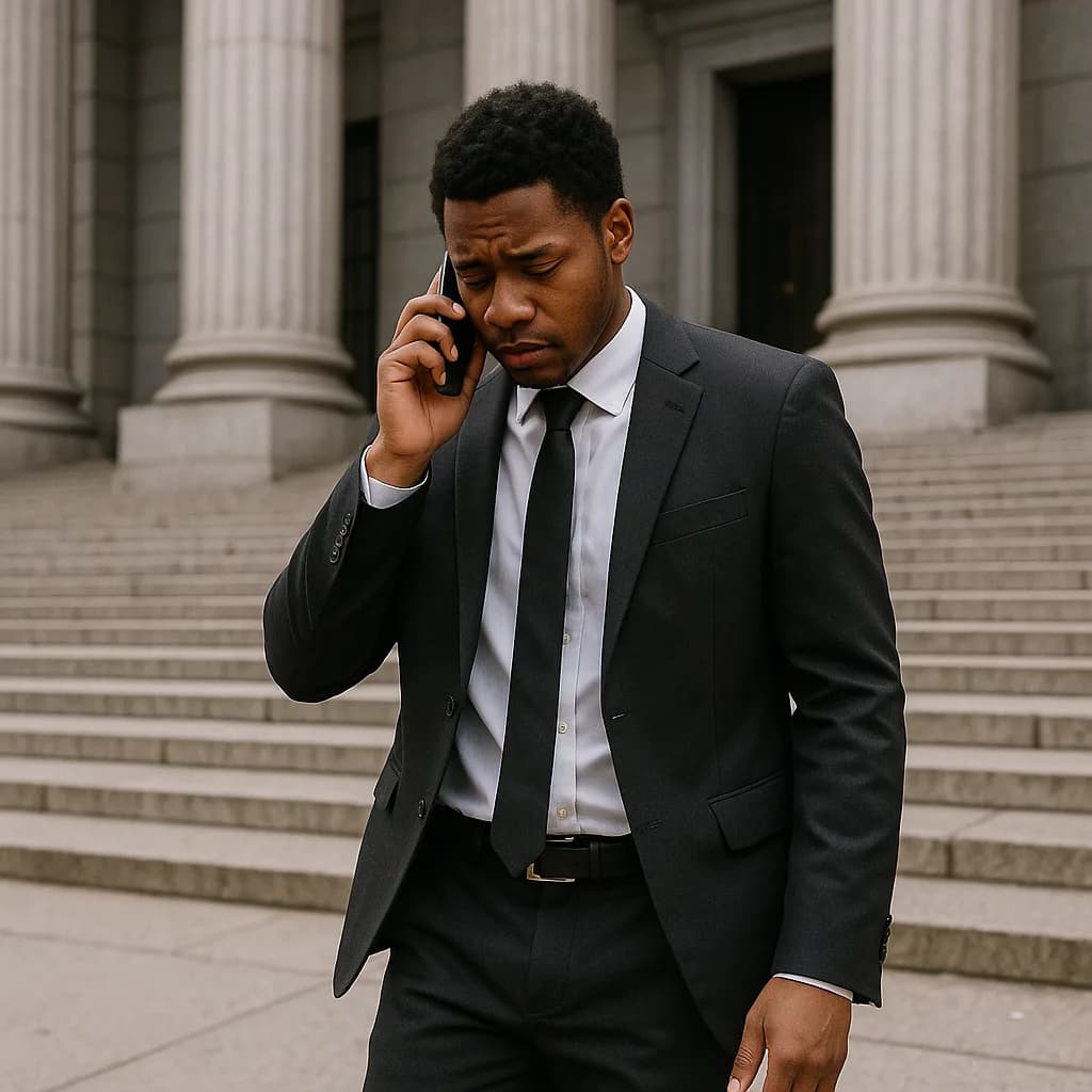 Professional businessman in black suit talking on phone outside courthouse with classical columns