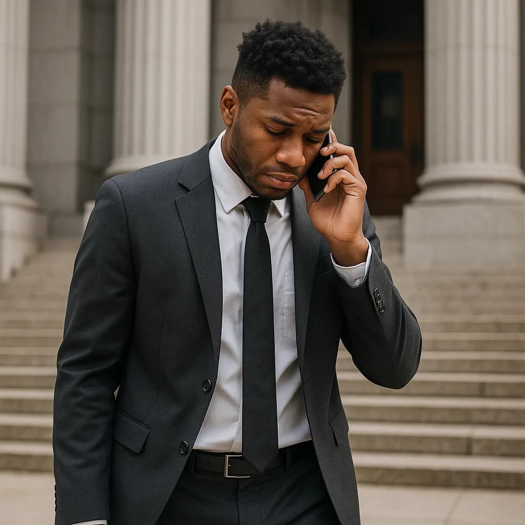 Black businessman in suit talking on phone outside courthouse with worried expression