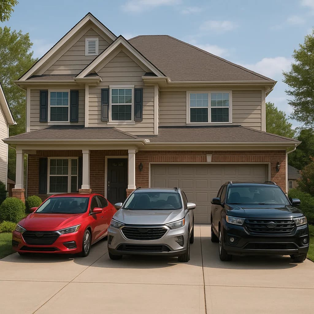 Two-story suburban house with three cars parked in driveway