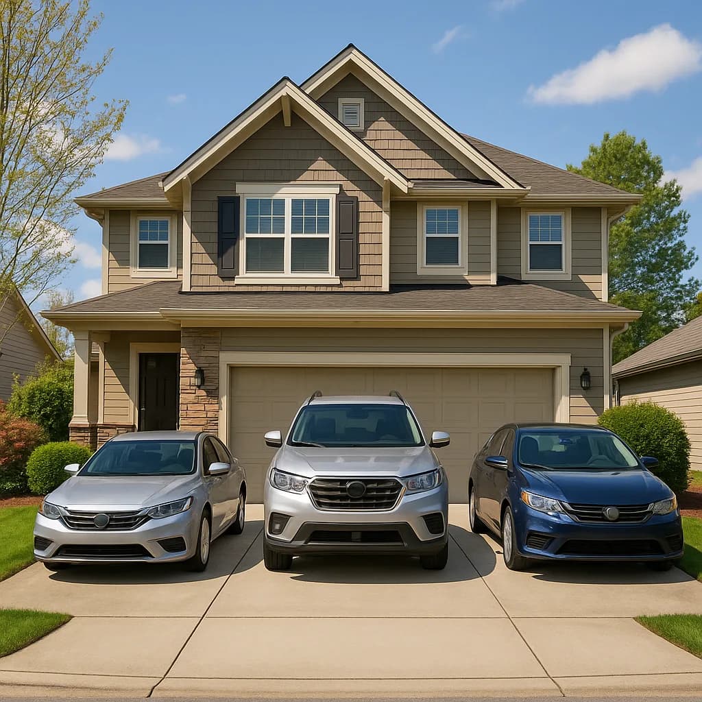 Three cars parked in driveway of two-story suburban home with gray siding and two-car garage