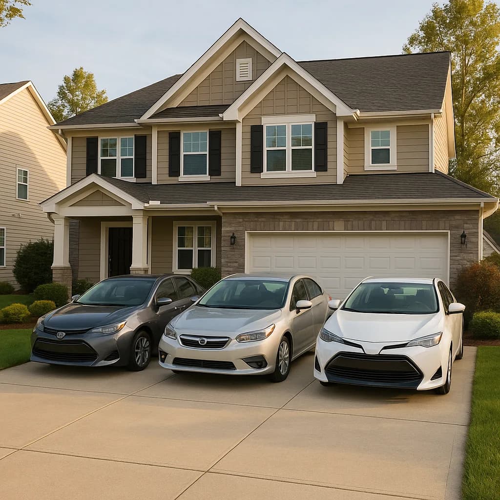 Three sedans parked in driveway of modern two-story suburban home with tan siding and black shutters